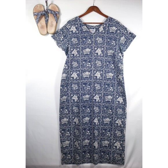 Vintage Reyn Spooner Hawaiian Dress w/  Sandals Blue White Floral Kaftan Size XL - Picture 2 of 7